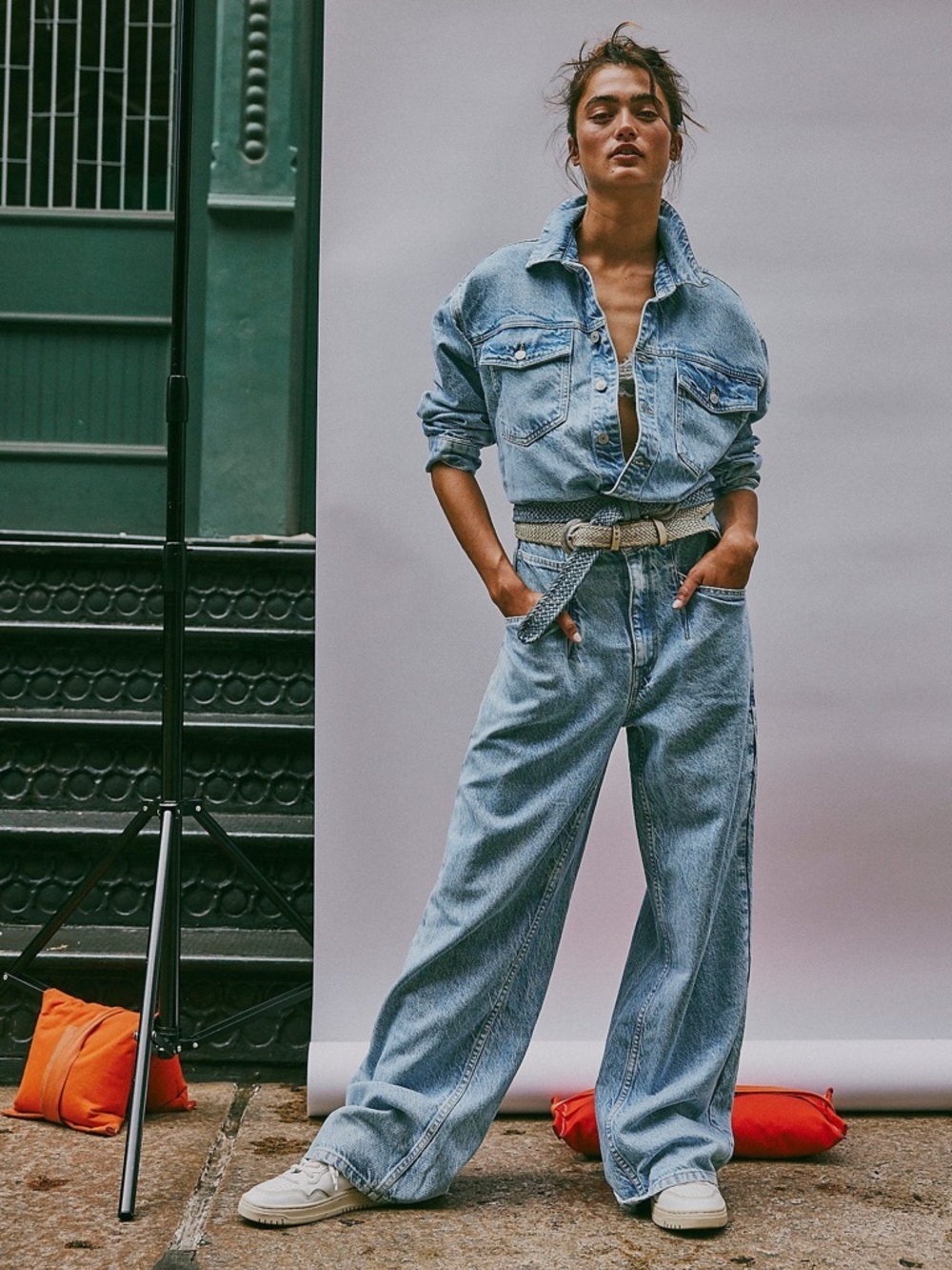 NWT Free People Touch The Sky Oversized Denim Jumpsuit Cloud 9 Light Wash